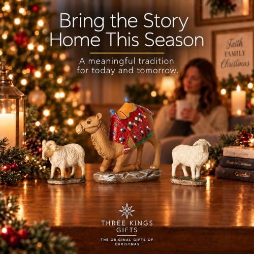 Three Kings Gifts Awassi Sheep & Camel Add-On Set for 14-Inch Nativity Scene, Polystone Animals with Hand-Painted Details