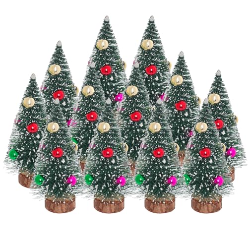 Yookat 3.9 Inch Mini Green Christmas Trees with Wooden Bases, 12 Pack