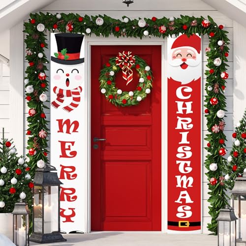 Christmas Porch Banner Sign Snowman Santa Claus Merry Christmas Banner for Xmas Holiday Wall Hanging Decor Supplies Indoor Outdoor