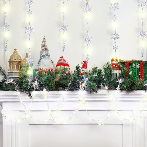 VIHOSE 2 Pcs Lighted Snowflake Garland Christmas Decor 22ft Warm Battery-Operated