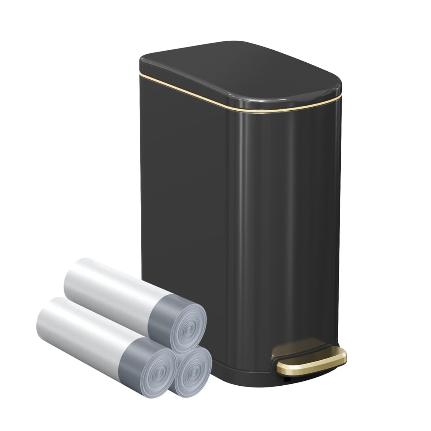 KSSKSS Slim Bathroom Trash Can - 2.6 Gallon Stainless Steel with Soft-Close Pedal | Titanium Black