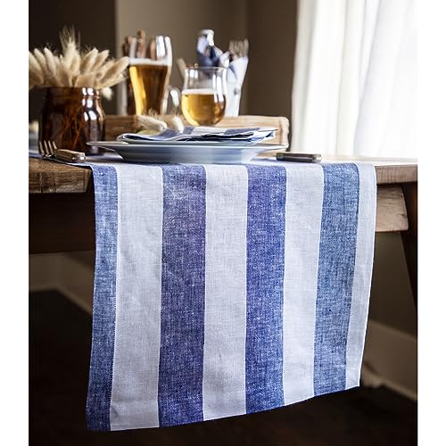 Solino Home Navy & White Stripe 100% Linen Table Runner 14x90 Inches