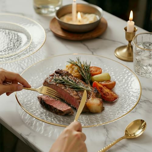 Disposable Plastic Plates Set - Clear & Gold Hammered Design for Parties