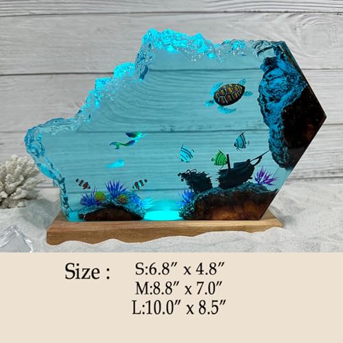 Drawelry Ocean Turtle Epoxy Resin Wood Night Lamp - Handmade Wave Sea Decor S