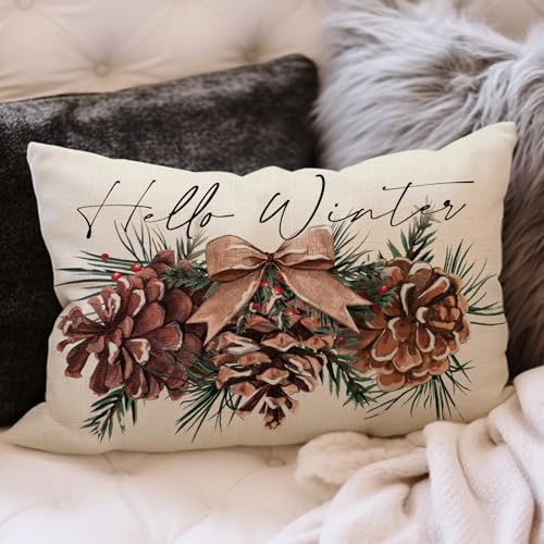 Hello Winter Pine Cone Lumbar Decorative Throw Pillow Cover 12 x 20, Rectangular Pine Needle Bow Outdoor Home Decor, Christmas Seasonal Red Berry Sofa Couch Cushion Case