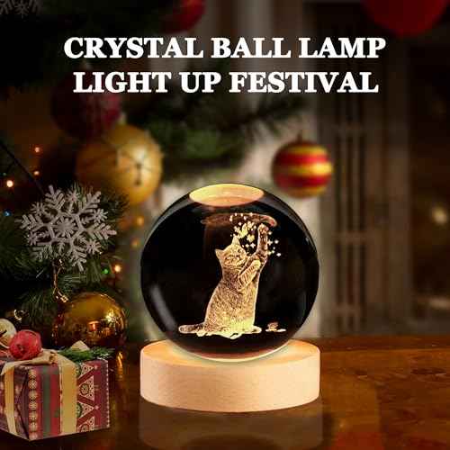 Ideal Cat Gifts, 2.4In Cute Crystal Cat Ball Lamp with Wooden Base, Gifts Ideas for Cats Lover, Girlfriend Mom Girl-Christmas, Birthday, Mothers Day, Cute Cats Decor for Home Office Bedroom