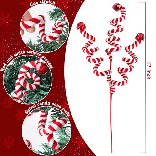 RINOLY 6 pcs Candy Cane Christmas Tree Topper 17in Red & White Woolen Bells