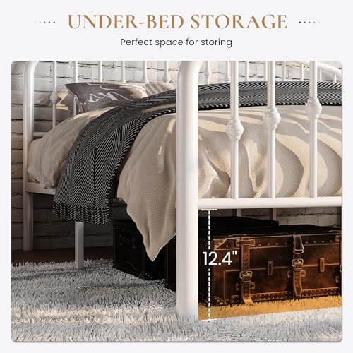 Twin Size Metal Bed Frame with Wrought Iron Headboard - White, Rustic Style