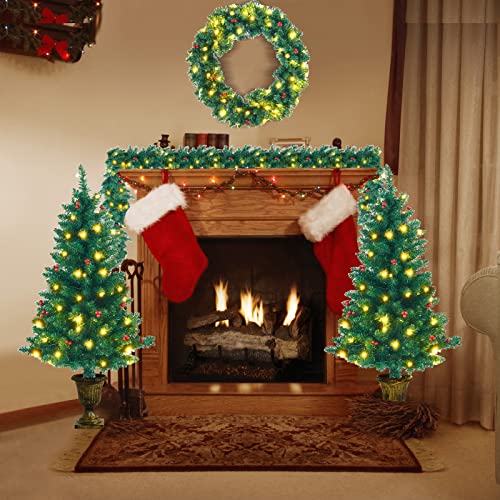 Happygrill 4-Piece Pre-Lit Christmas Set with Wreath, Garland & 2 Entrance Trees – 200 LED Warm White, Waterproof Timer