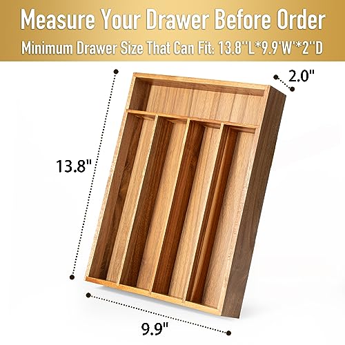 Silverware Organizer Tray - 5 Slots Acacia Wood Kitchen Drawer Storage - Flatware Holder
