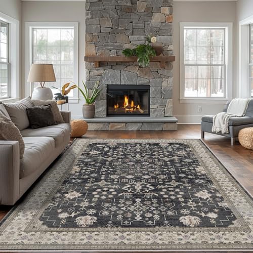 8x10 Charcoal Blush Ivory Washable Area Rug - Vintage Floral Design, Non-Slip, Pet & Kid Friendly