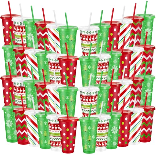 Chuangdi 48 Pack Christmas Plastic Cups with Lids & Straws, 24oz, Red & Green, Holiday Design