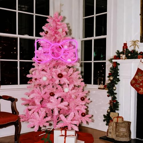 Nuanchu Pink LED Christmas Tree Topper with Bow and Neon Light - Cute Holiday Decor