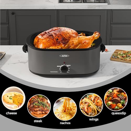28 Quart Electric Roaster Oven with Self-Basting Lid - Large Capacity Turkey Roaster, Fast Heating, Warming Setting, Grey Variation