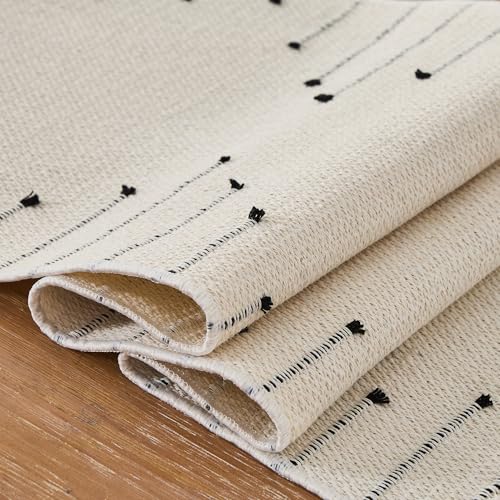 Zkanac Boho Table Runner 72in with Handmade Tassels, 70% Cotton 30% Linen, Beige/Black, 12x72