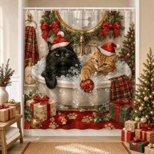 Christmas Cat Shower Curtain 72x72 Inch Waterproof Polyester with Cats in Bubble Bath - Holiday Pet Bathroom Decor, Includes 12 Hooks - Christmas Cat Bath Variant