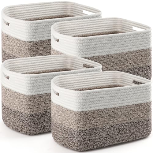 KIUGCO White & Khaki 4 Pack Cotton Rope Storage Baskets, 13x11x8 Inches