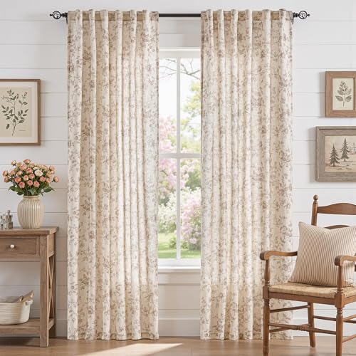 Amlie Taupe Linen Farmhouse Floral Curtains 84 Inch, 2 Panels, Rod Pocket - Pack of 2