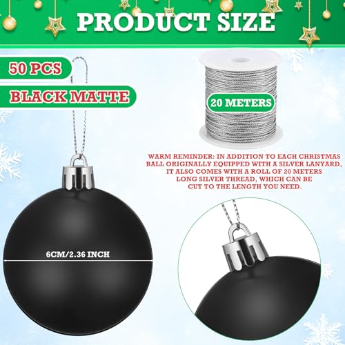 Wettarn 50 Pcs Black Christmas Ball Ornaments 2.36 Inch with Lid & Rope