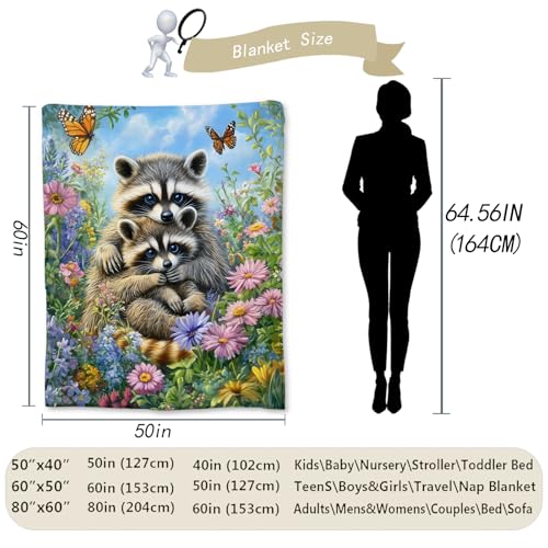 Cute Raccoon and Cub Blanket with Floral, Soft Fuzzy Flannel Throw