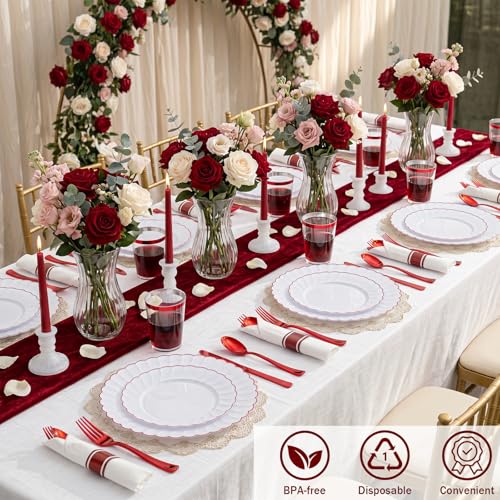 YOUBET 350PCS White and Red Scalloped Plastic Plates for Weddings (Red Variant)