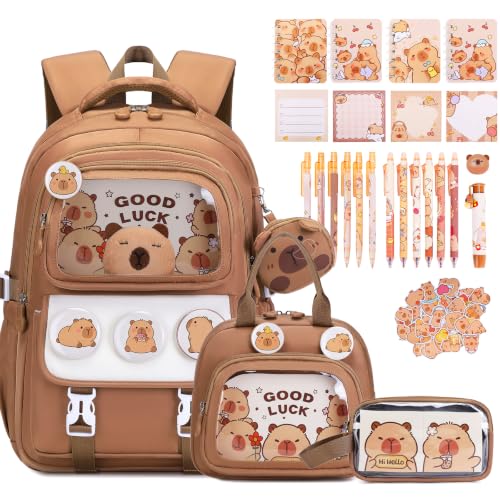 Brown Capybara School Backpack with Stationery Set for Girls - 30PCS
