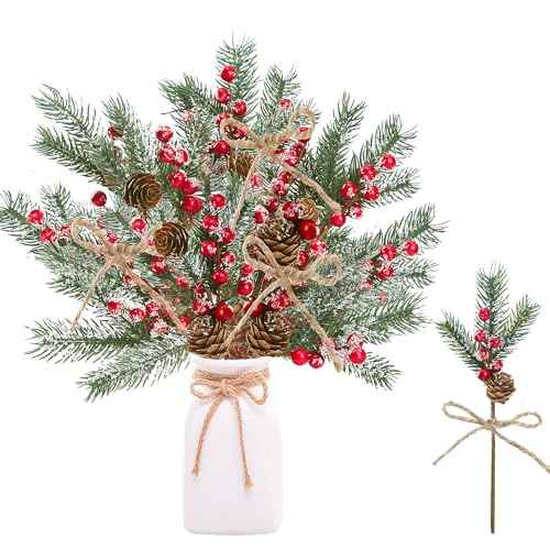 Sggvecsy 15 Pack Snow Frosted Christmas Berries Pine Picks Artificial Red Berry Pine Branches Frosted Faux Pine Stem with Pine Cones Fake Pine Needles for Xmas Tree Wreath DIY Craft Holiday Decor