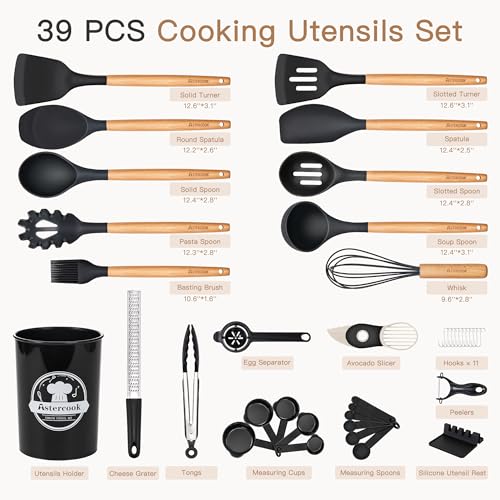 Black 39-Piece Silicone Kitchen Utensil Set with Wooden Handles, Heat-Resistant & BPA-Free