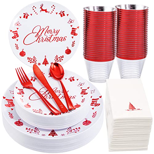 Liacere Red & White Disposable Christmas Plates Set - 175 pcs Party Tableware