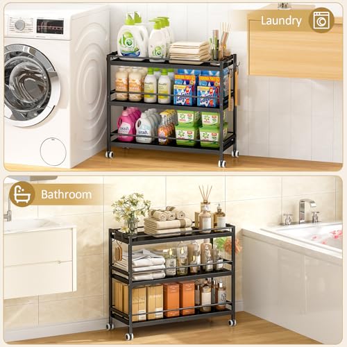 Black 3-Tier Expandable Rolling Pantry Organizer with Hooks — Kitchen Storage Cart
