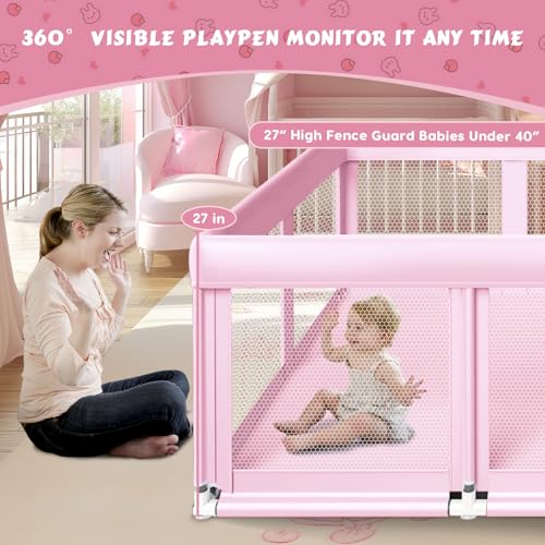Large Baby Playpen 74x50 Inch Pink Baby Playard for Indoor & Outdoor Safety