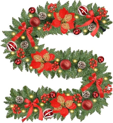 Sukaudiz 9FT Christmas Garland with Lights – Battery-Operated, Timer, Indoor/Outdoor