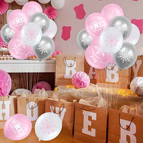 45 Pcs Snowflake Balloons Winter Wonderland Frozen Balloons Onederland First Birthday Party Decorations for Christmas Baby Shower Wedding Decor (Pink, Silver, White)