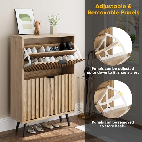 Shoe Cabinet with Flip Drawers - 23.6 Inch Natural Storage Closet with Fluted Doors - Freestanding Entryway Organizer - Variation: 23.6 in (60 cm) / Natural With Flip Drawer