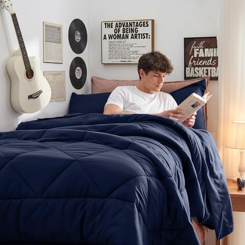 HEVUMYI 5-Piece Twin XL Comforter Set Navy Bed in a Bag - Soft Microfiber Bedding