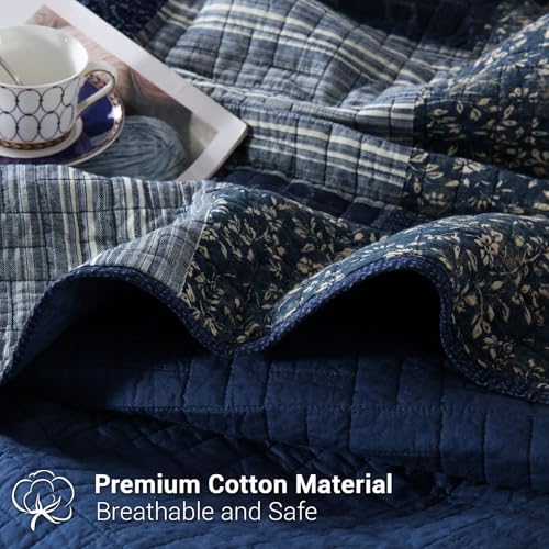 Queen Size Reversible Cotton Quilt Set with Pillow Shams - Azure Blue Variation