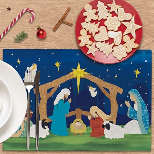 Croar Christmas Nativity Scene Placemats Set of 4 - Religious Holiday Table Decor, 12''x18''