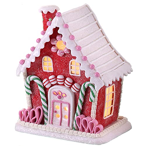 Red Gingerbread House Decor with Lights, Timer, Candy Glitter, 9.5-Inch