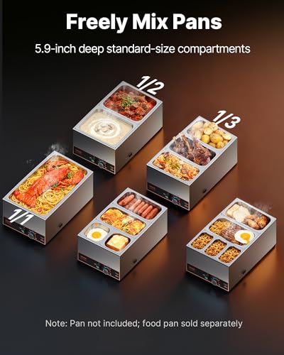 22.05 x 13.39 x 9.65 in Commercial Food Warmer 1500W Stainless Steel Countertop Buffet Bain Marie - Fast Heating & Large Capacity