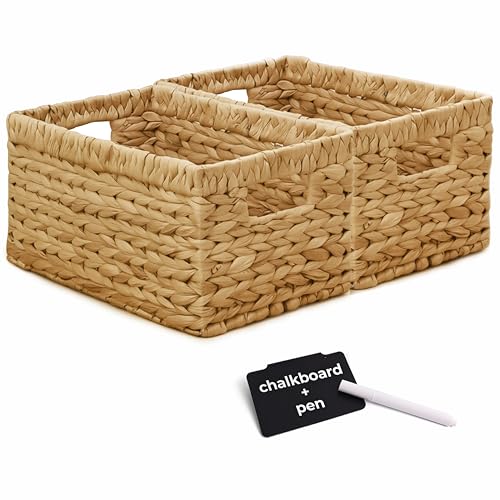 KOKODO Natural Water Hyacinth Wicker Storage Basket Set of 2 - Medium, 12.5"L x 7.5"W with Handles & Chalkboard Labels for Pantry & Home Organization