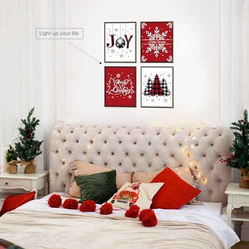 BESERH Red Christmas Wall Decor, Joy Christmas Buffalo Plaid Trees Snowflakes Posters Wall Art Prints, Christmas Pictures Wall Decor, Christmas Wall Decorations, 8x10 Inches Set of 4 Unframed
