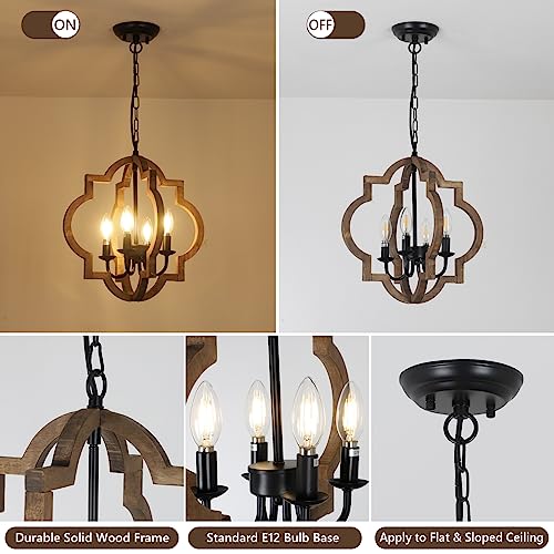 Brown Farmhouse Chandelier Light Fixture - 4-Light Rustic Wood Pendant for Dining Room & Kitchen