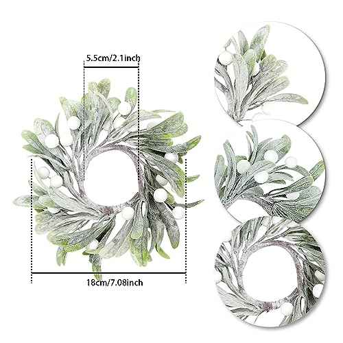 2 Pcs Candle Rings Wreaths, 6 Inch Artificial Mistletoe Wreaths with White Berry Frosted Lamb's Ear Mini Wreath Accents Candle Wreath for Holiday Winter Decorations Christmas Table Decor (White, 2)