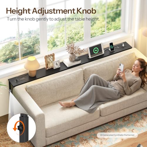 HOOBRO 78.7-Inch Black Narrow Console Table with 5-Height Settings & Built-In Charging Stations — Behind Couch, Slim Design