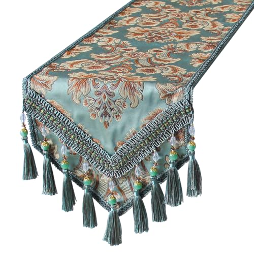 Kilofly Blue Floral Brocade Jacquard Table Runner 89x12 Inches with Tassels