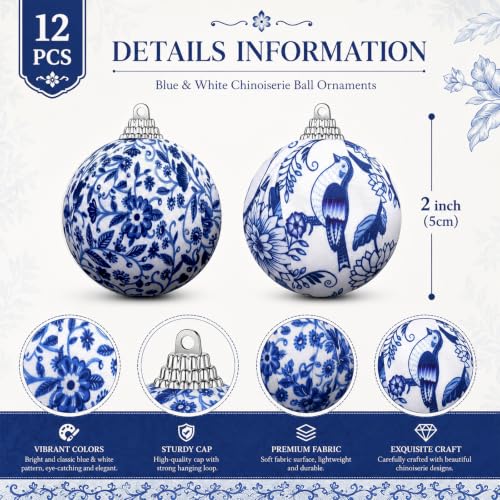 Preboun 12 Pcs Christmas Chinoiserie Blue Ornaments 1.97 Inch