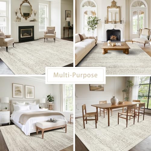 8x10 Washable Area Rug - Beige Ivory Cream Brown Camel Non-Slip Living Room Carpet