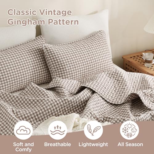 TOCOMOA Tan Gingham Quilt Bedding Set - King 106x96 Inches, Cotton-Like Linen