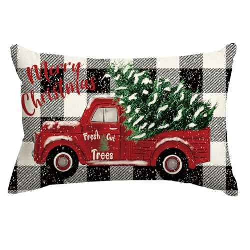 RABUSOFA Christmas Pillow Covers 12x20 Black and White Buffalo Plaid Red Truck Christmas Decorations Winter Decorative Throw Pillow Cases Farmhouse Holiday Xmas Lumbar Cushion Covers for Couch