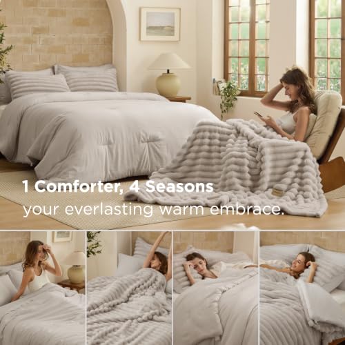 Bedsure 2-in-1 Comforter Set with Detachable Fleece Blanket, Beige